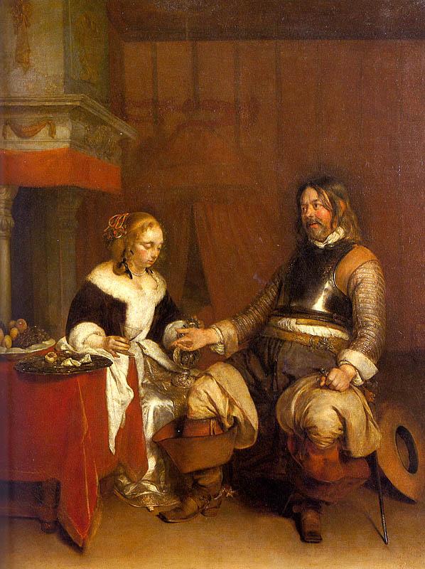Gerard Ter Borch Soldier Offering a Young Woman Coins oil painting picture